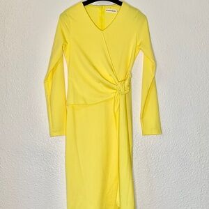 Yellow Long Sleeve Wrap-Style Midi Dress | Bright & Flattering
